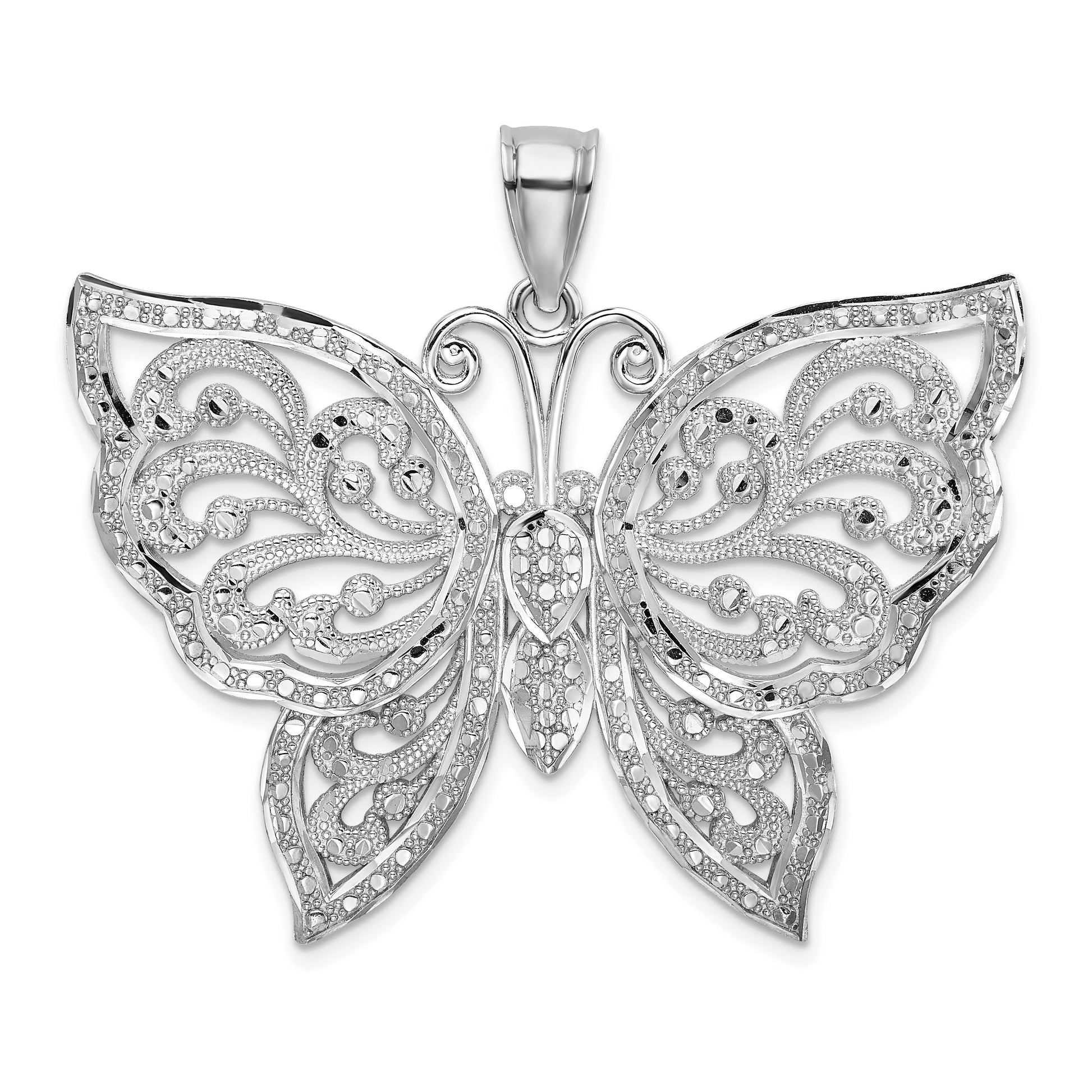 14K White Gold Large Diamond-cut Beaded Butterfly Pendant