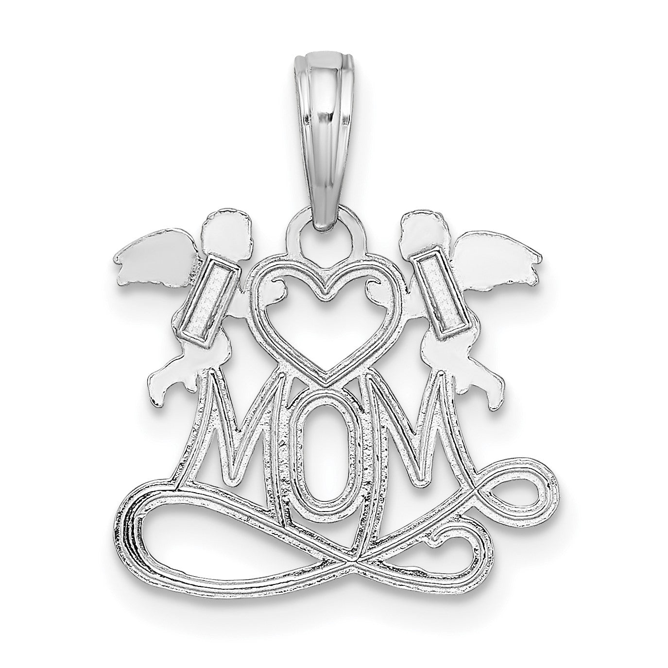 14K White Gold MOM with Heart and Angels Pendant