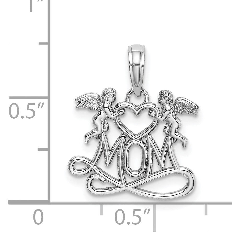 14K White Gold MOM with Heart and Angels Pendant