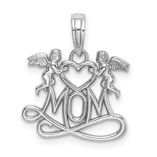 14K White Gold MOM w/ 2 Angels Holding Heart Charm