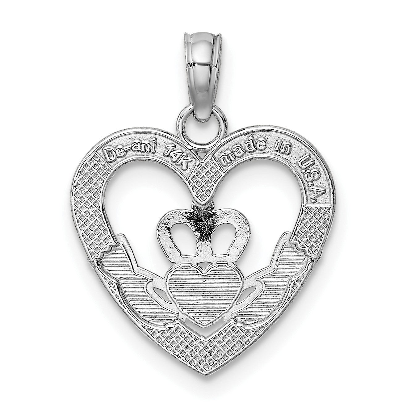14K White Gold Polished and Textured Heart Claddagh Charm