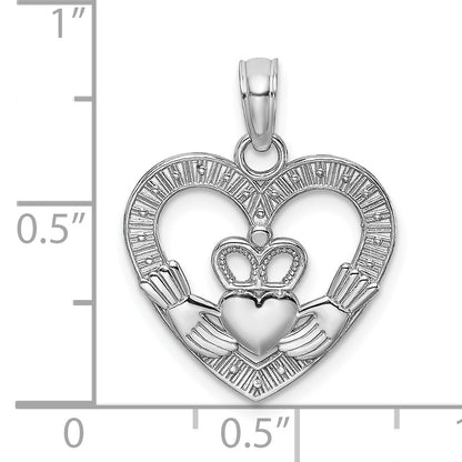 14K White Gold Polished and Textured Heart Claddagh Charm