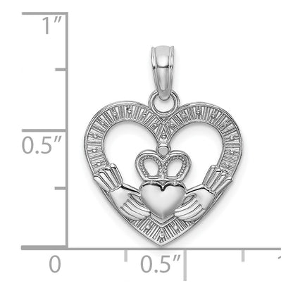 14K White Gold Polished/Textured Heart Claddagh Charm