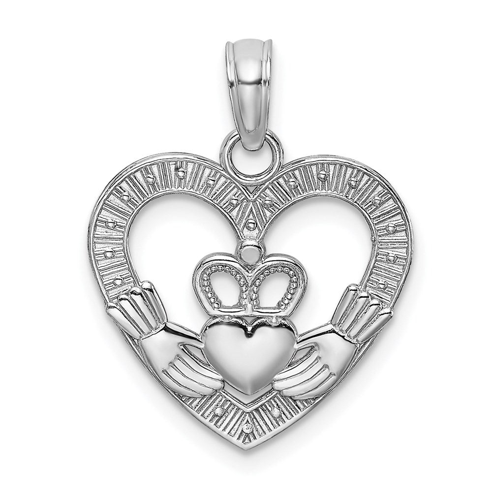 14K White Gold Polished/Textured Heart Claddagh Charm