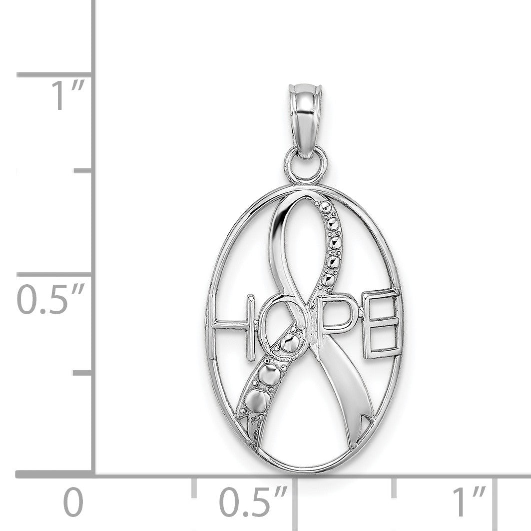 14K White Gold Textured HOPE Awareness Ribbon in Oval Charm