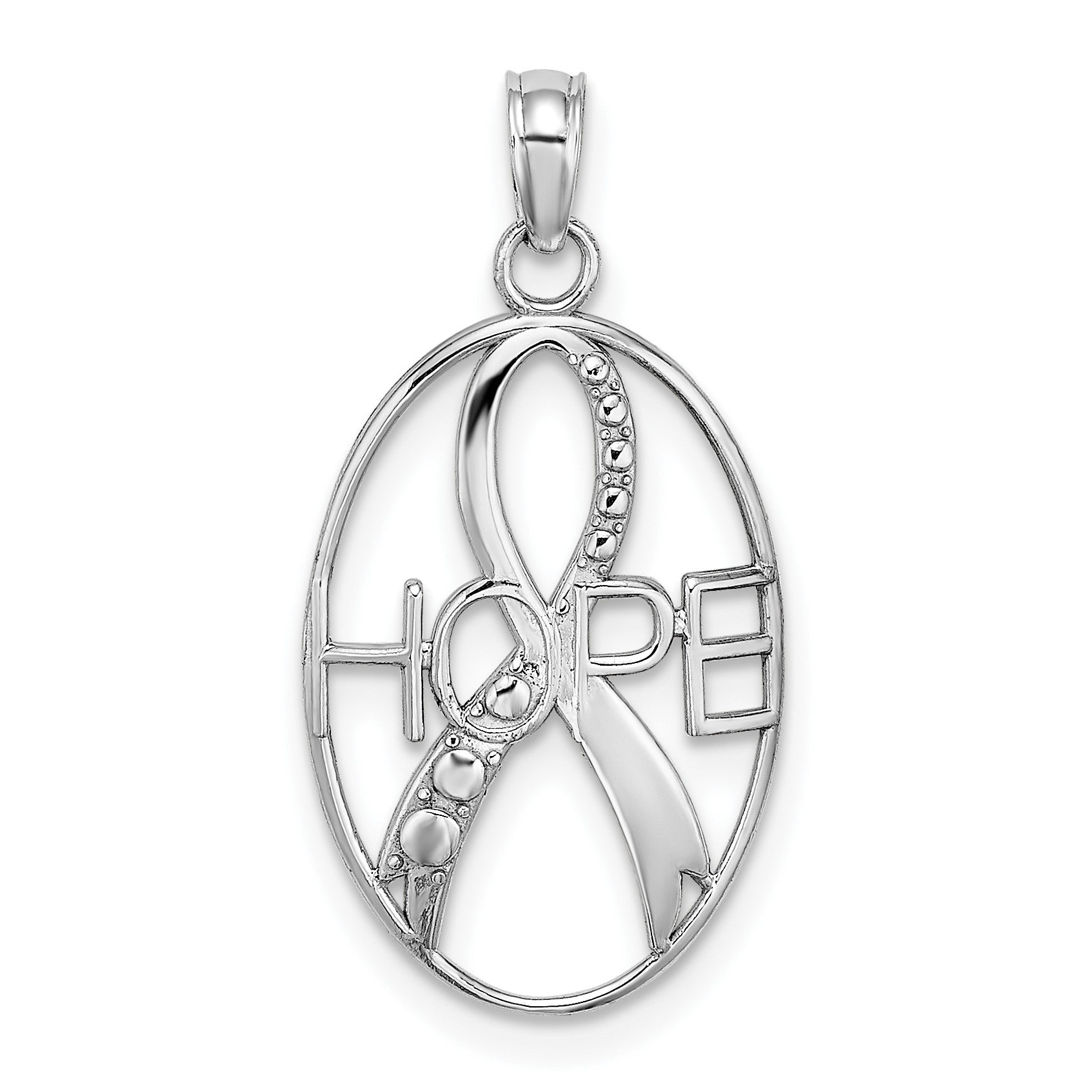 14K White Gold Textured HOPE Awareness Ribbon in Oval Charm