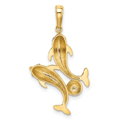 14k with White Rhodium Two Dolphins with Ball Pendant