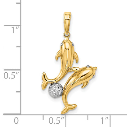 14k with White Rhodium Two Dolphins with Ball Pendant