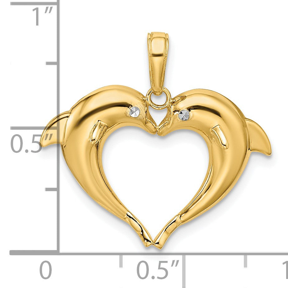 14k and White Rhodium Double Dolphin Heart Pendant