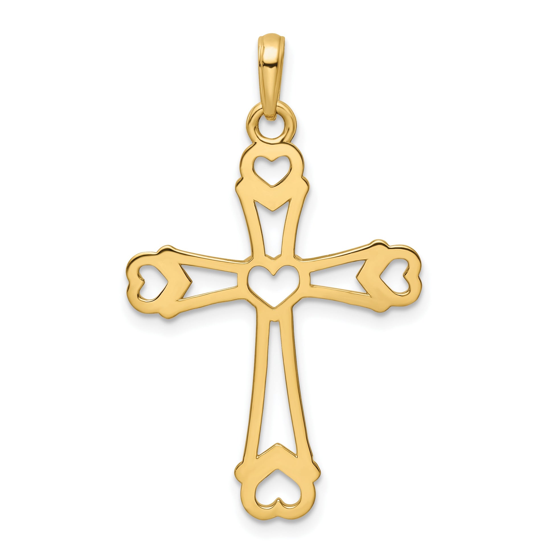 14K and White Rhodium Diamond-cut Cross with Hearts Pendant