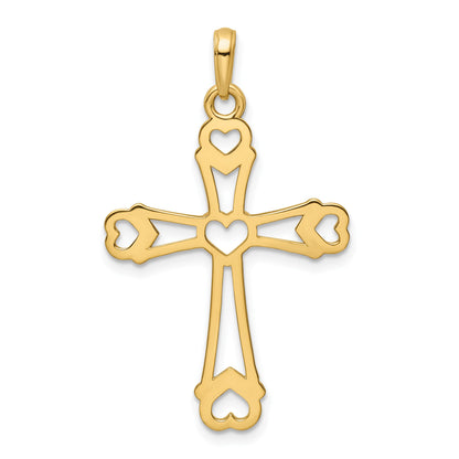 14K and White Rhodium Diamond-cut Cross with Hearts Pendant