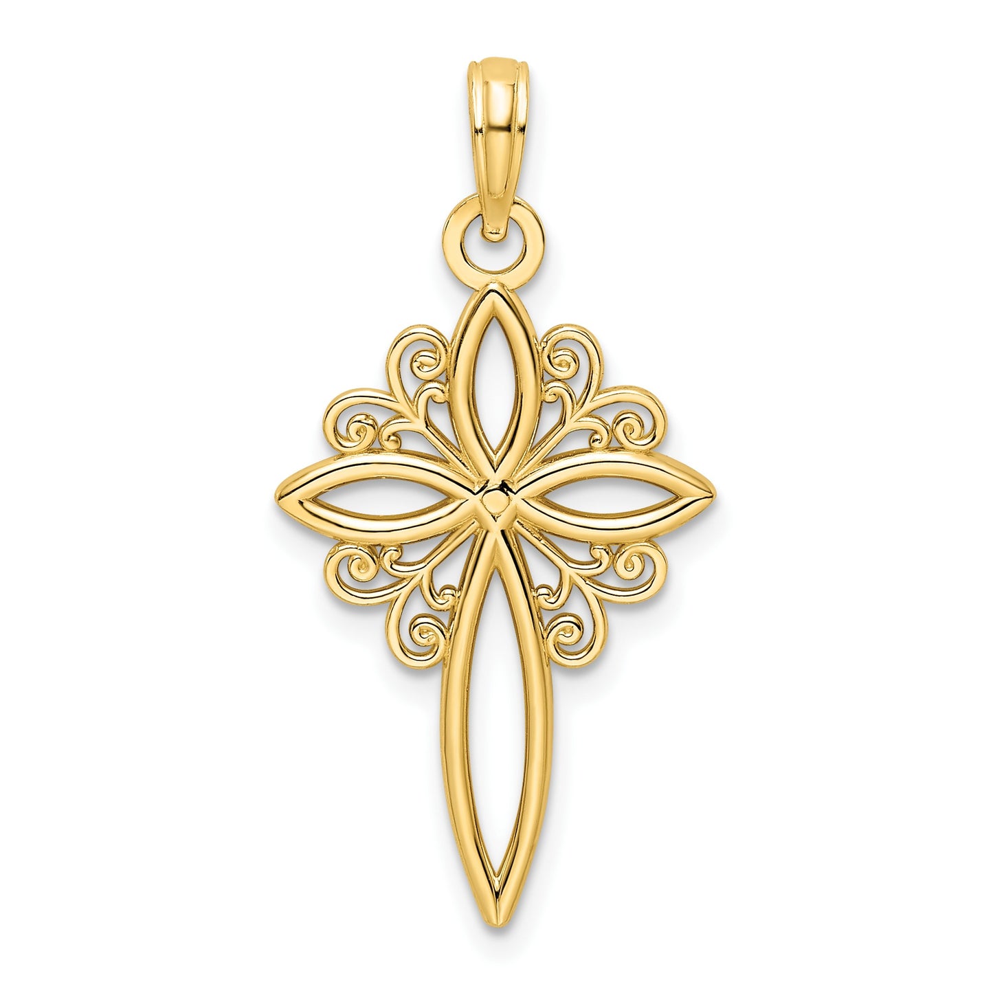 14K Scroll Design Polished Cross Pendant