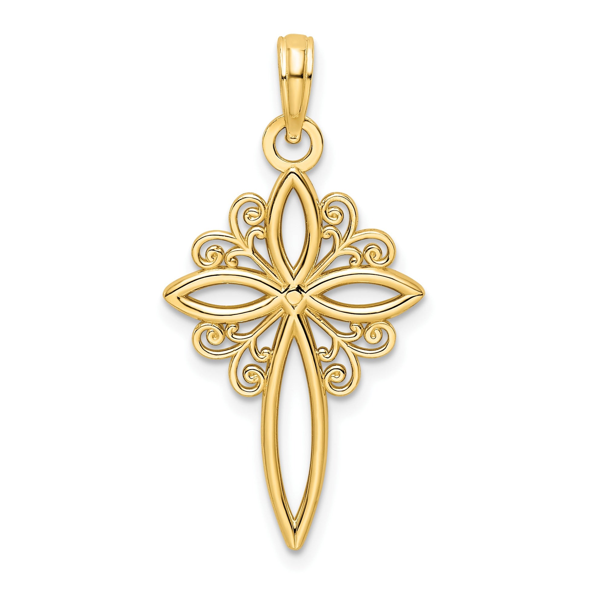 14K Scroll Design Polished Cross Pendant