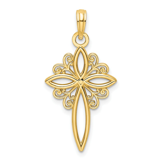 14K Scroll Design Polished Cross Pendant