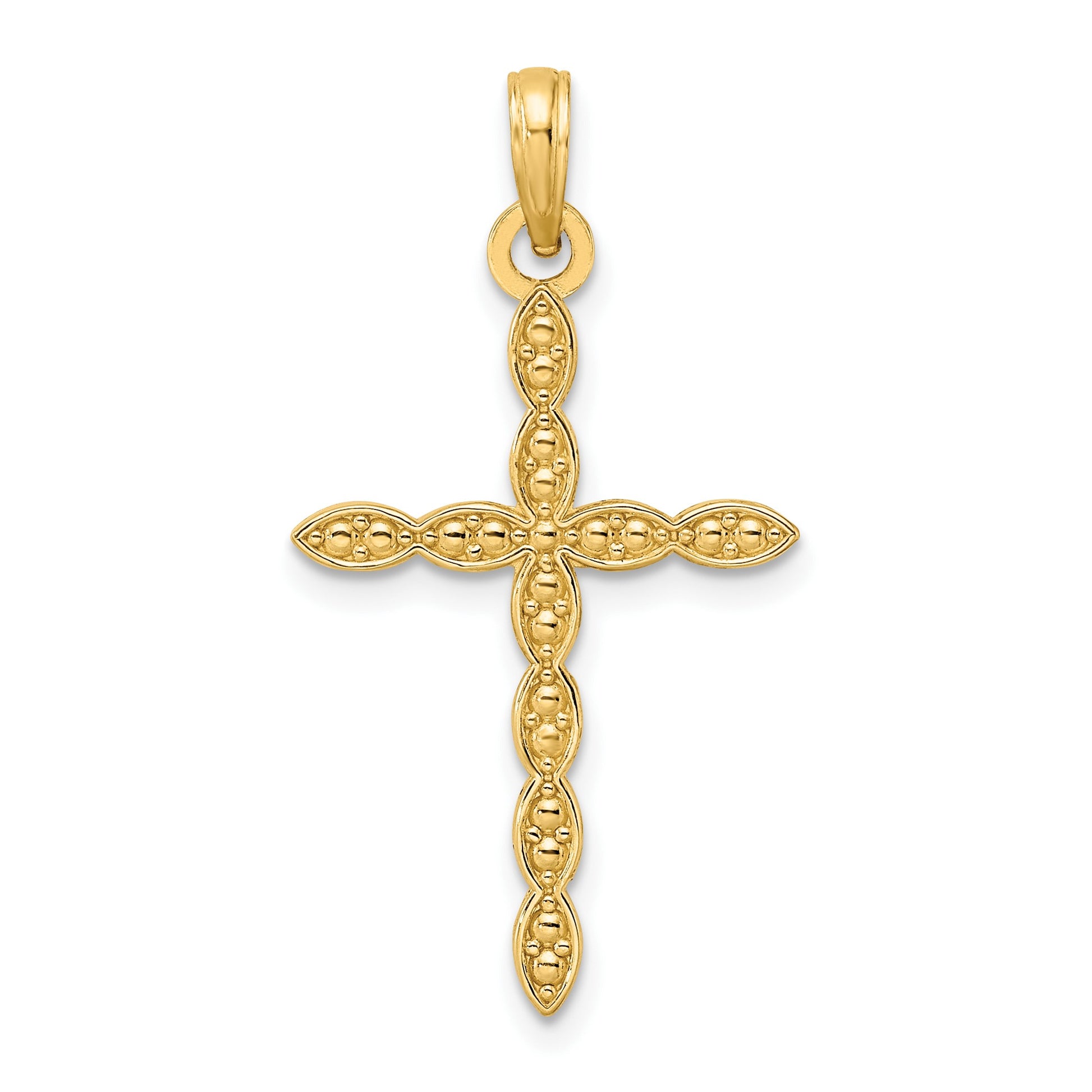 14K Polished and Beaded Design Cross Pendant