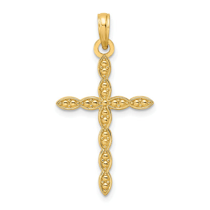 14K Polished and Beaded Design Cross Pendant