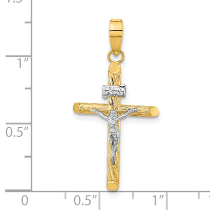 14K and White Rhodium Polished and Textured INRI Crucifix Cross Pendant