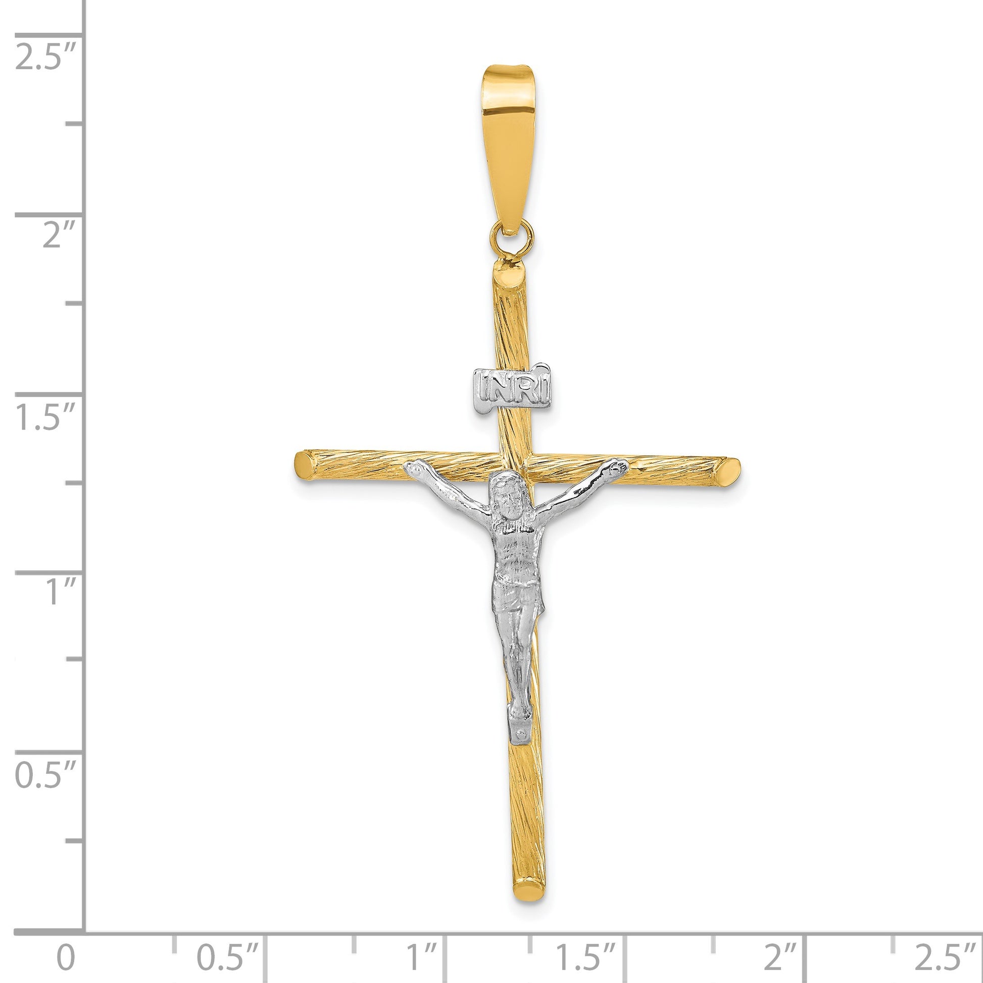14K and White Rhodium Polished and Textured INRI Crucifix Cross Pendant