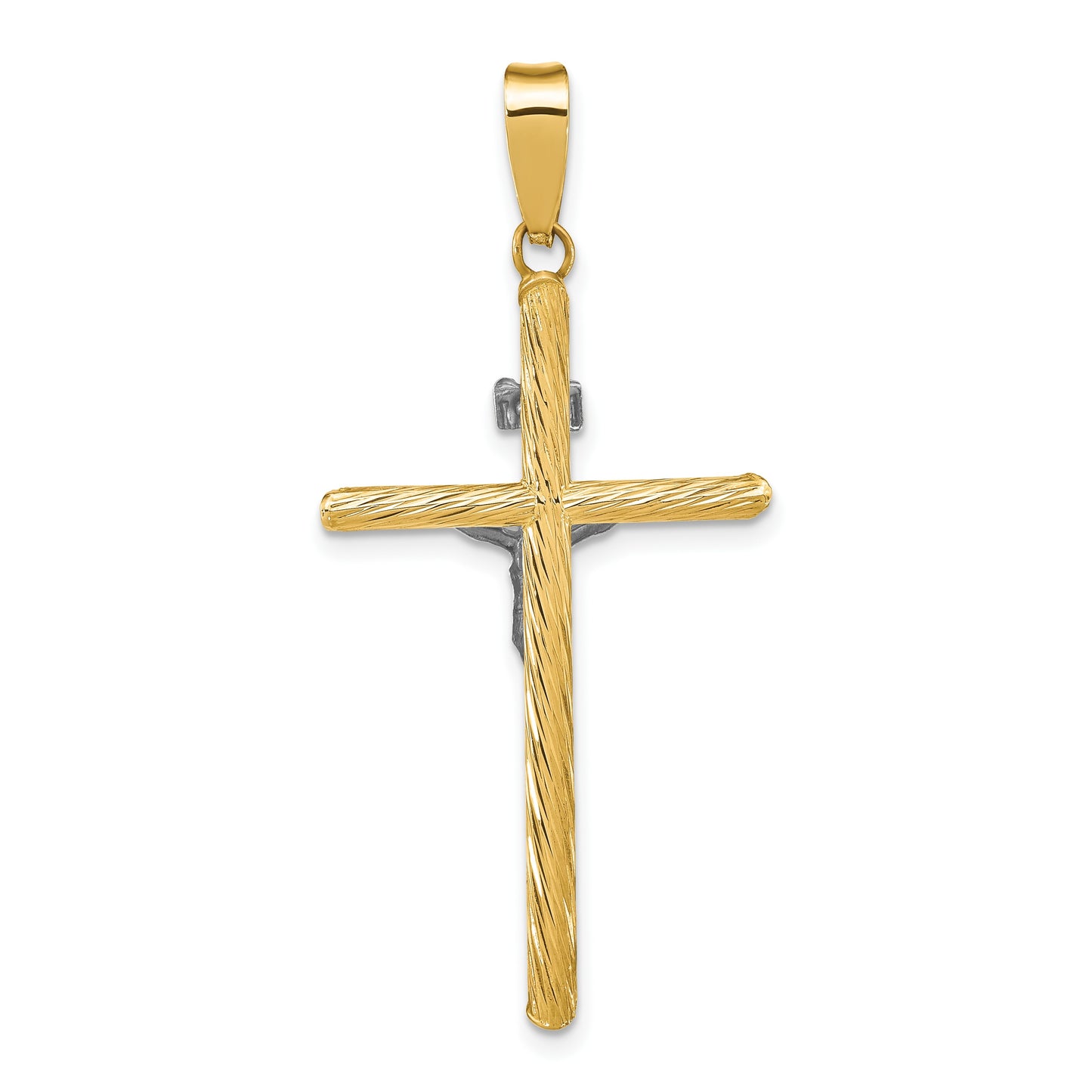 14K and White Rhodium Polished and Textured INRI Crucifix Cross Pendant