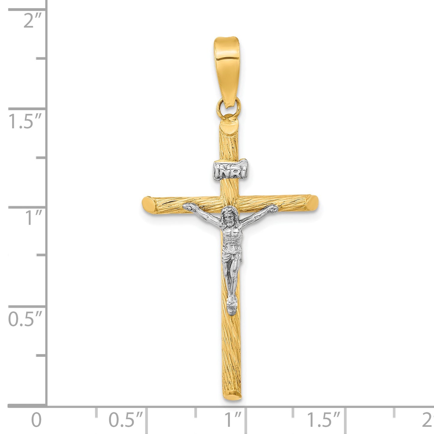 14K and White Rhodium Polished and Textured INRI Crucifix Cross Pendant