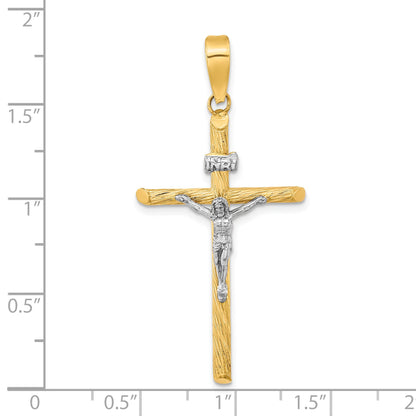 14K and White Rhodium Polished and Textured INRI Crucifix Cross Pendant