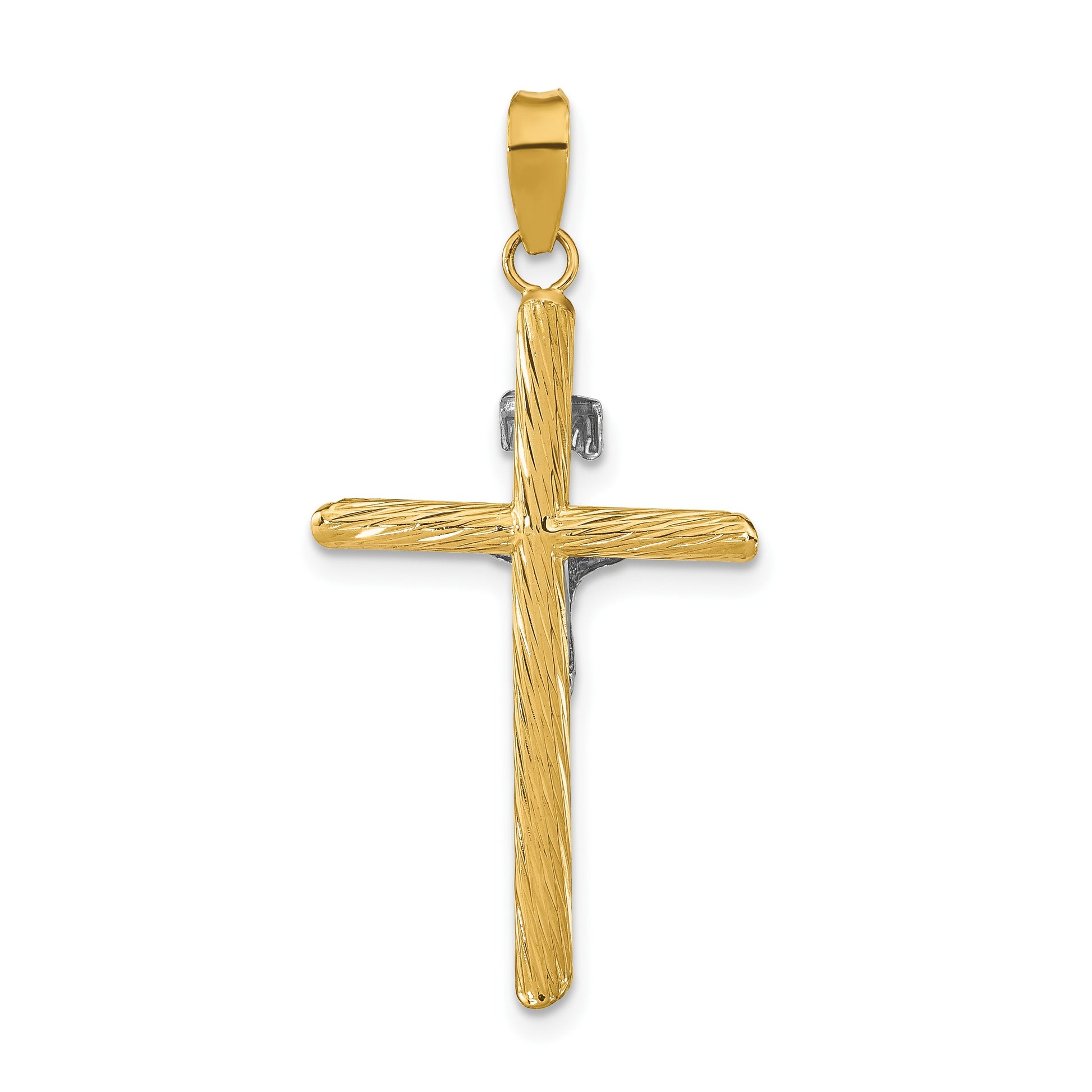 14K and White Rhodium Polished and Textured INRI Crucifix Cross Pendant