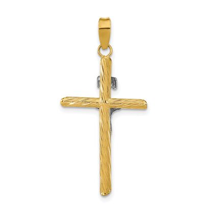 14K and White Rhodium Polished and Textured INRI Crucifix Cross Pendant