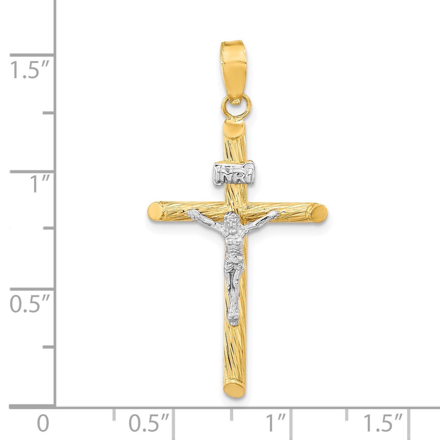 14K and White Rhodium Polished and Textured INRI Crucifix Cross Pendant