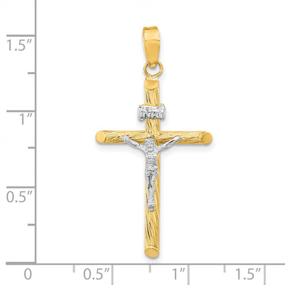 14K and White Rhodium Polished and Textured INRI Crucifix Cross Pendant