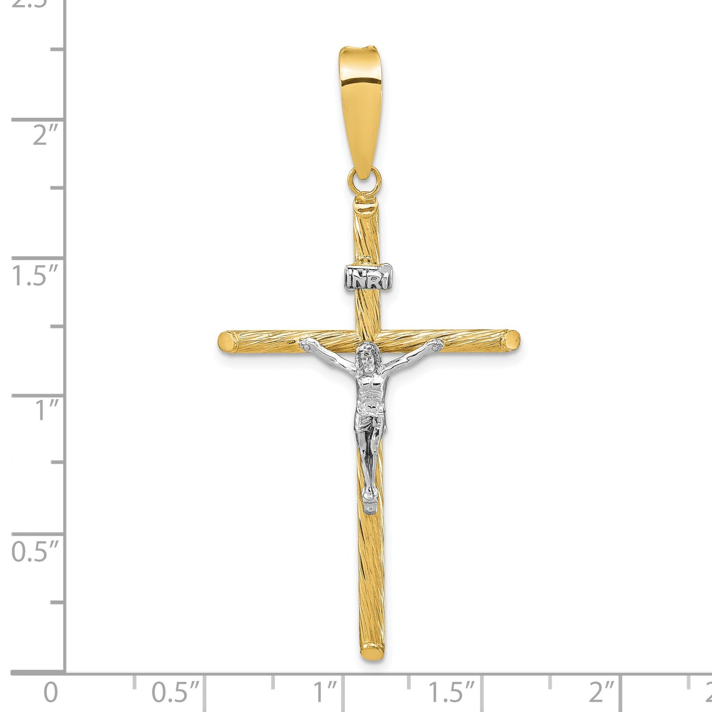 14K and White Rhodium Polished and Textured INRI Crucifix Cross Pendant
