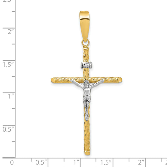 14K and White Rhodium Polished and Textured INRI Crucifix Cross Pendant