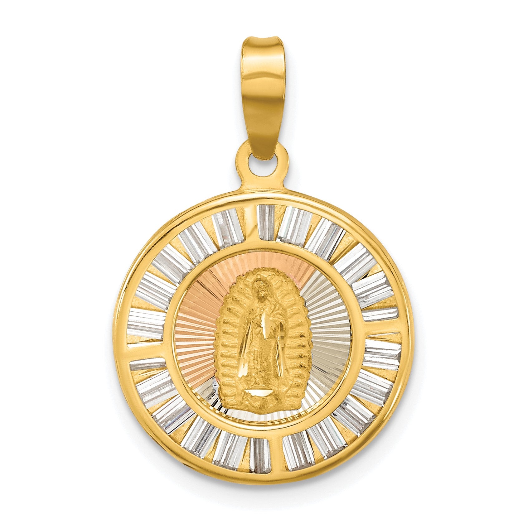 14K with Rose and White Rhodium Polished Baguette CZ Our Lady of Guadalupe Round Pendant