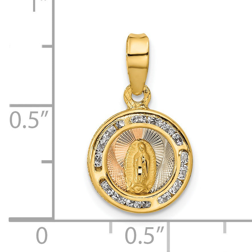 14K with Rose and White Rhodium Polished CZ Our Lady of Guadalupe Round Pendant