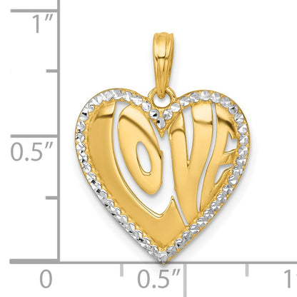 14k with White Rhodium Polished Cut-out LOVE In Heart Pendant