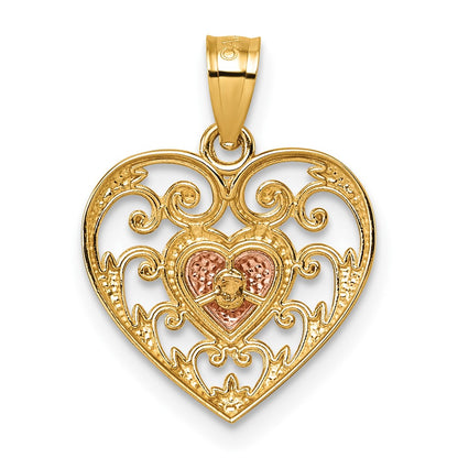 14k Two-tone Polished And Textured Fancy Filigree Heart In Heart Pendant