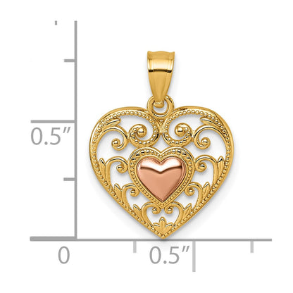 14k Two-tone Polished And Textured Fancy Filigree Heart In Heart Pendant