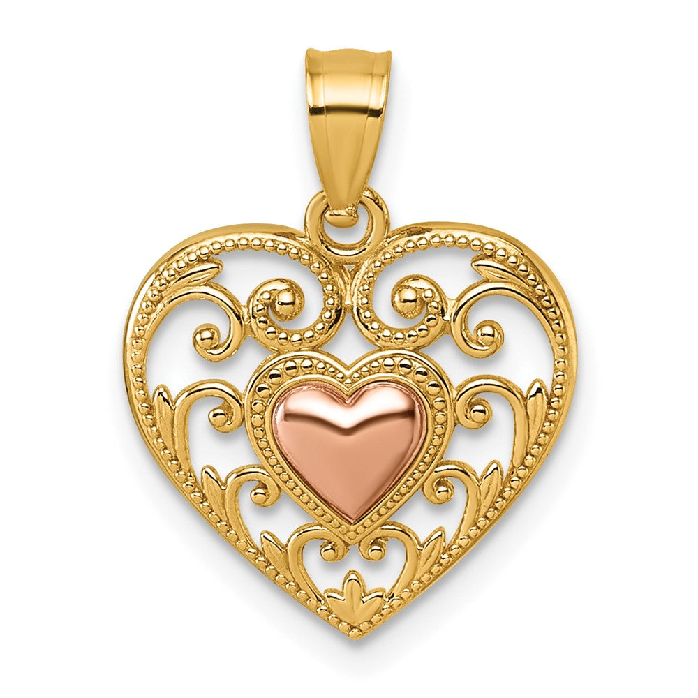 14k Two-tone Polished And Textured Fancy Filigree Heart In Heart Pendant