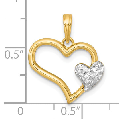 14k with White Rhodium Polished Heart Shape with Mini Heart Pendant