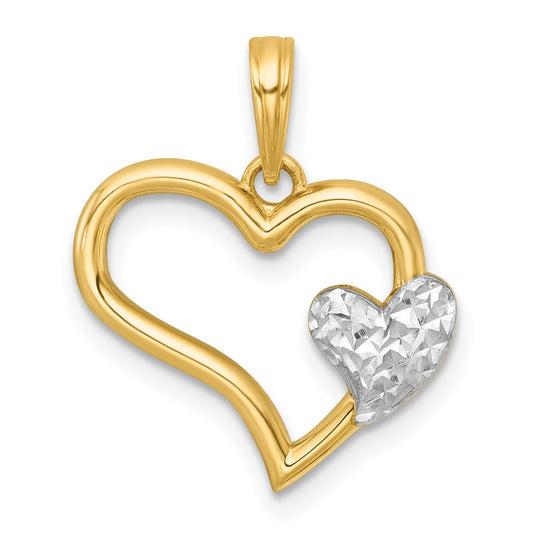 14k with White Rhodium Polished Heart Shape with Mini Heart Pendant