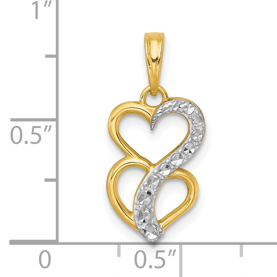 14k with White Rhodium Polished And Brushed Two Hearts Pendant