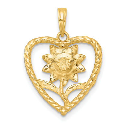14k with White Rhodium Polished Flower In Twisted Heart Pendant
