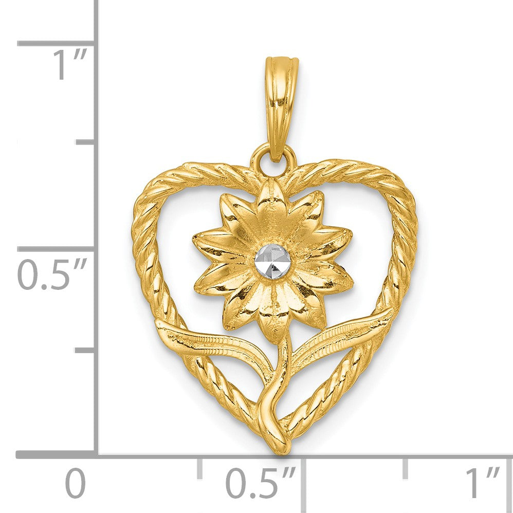 14k with White Rhodium Polished Flower In Twisted Heart Pendant