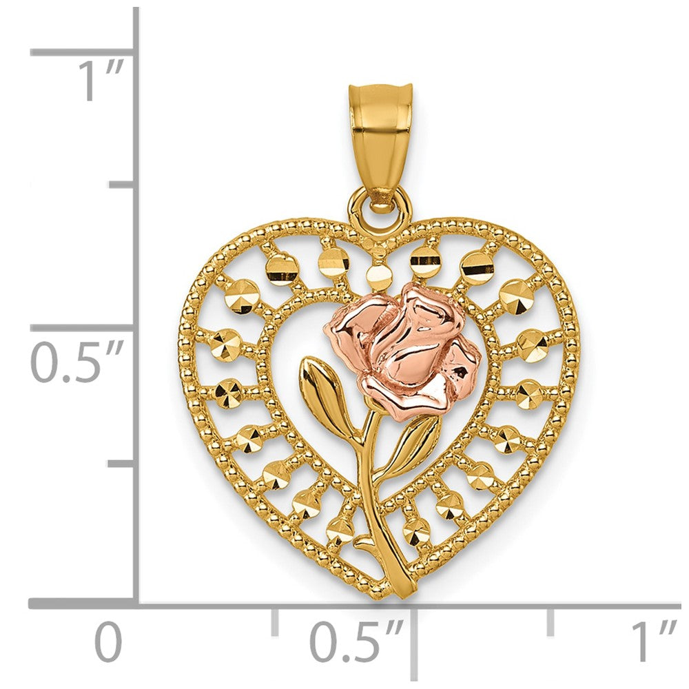 14k Two-tone Diamond-cut Polished Rose In Heart Pendant