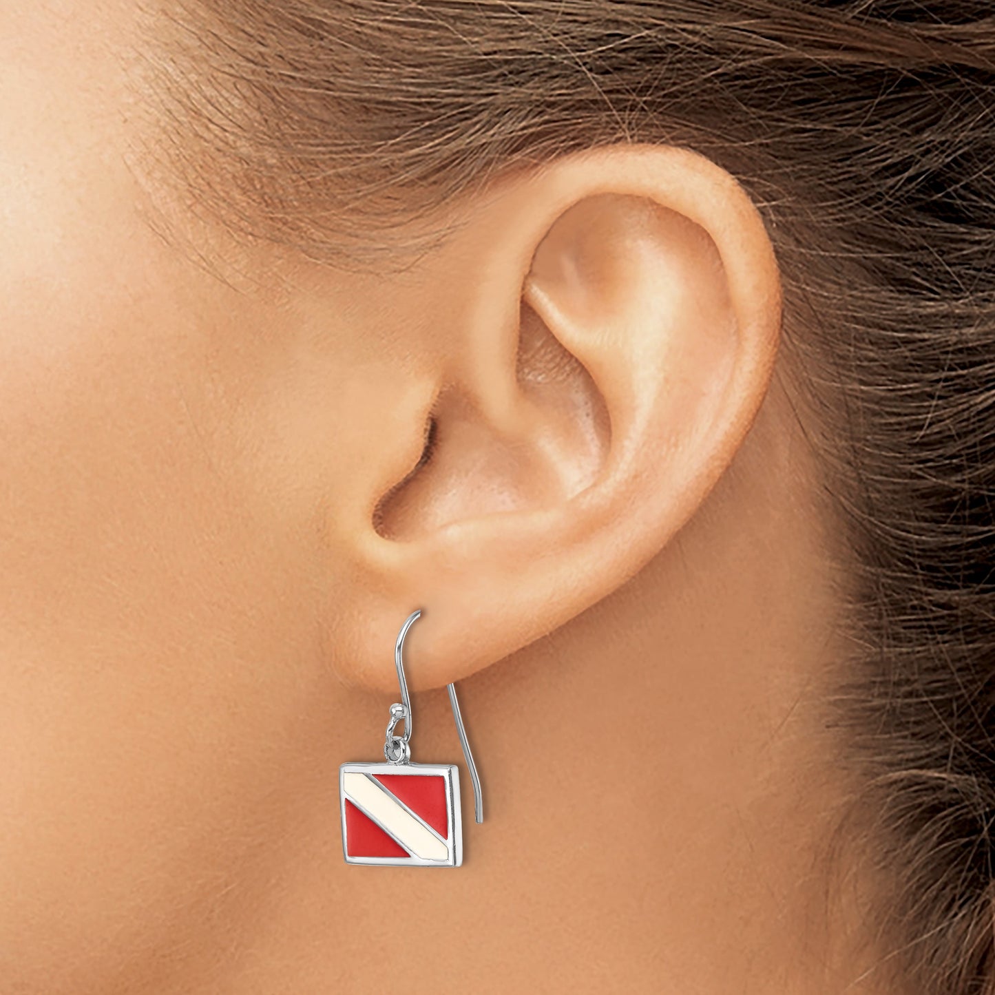 Sterling Silver Rhodium-plated Polished Enameled Dive Flag Dangle Earring