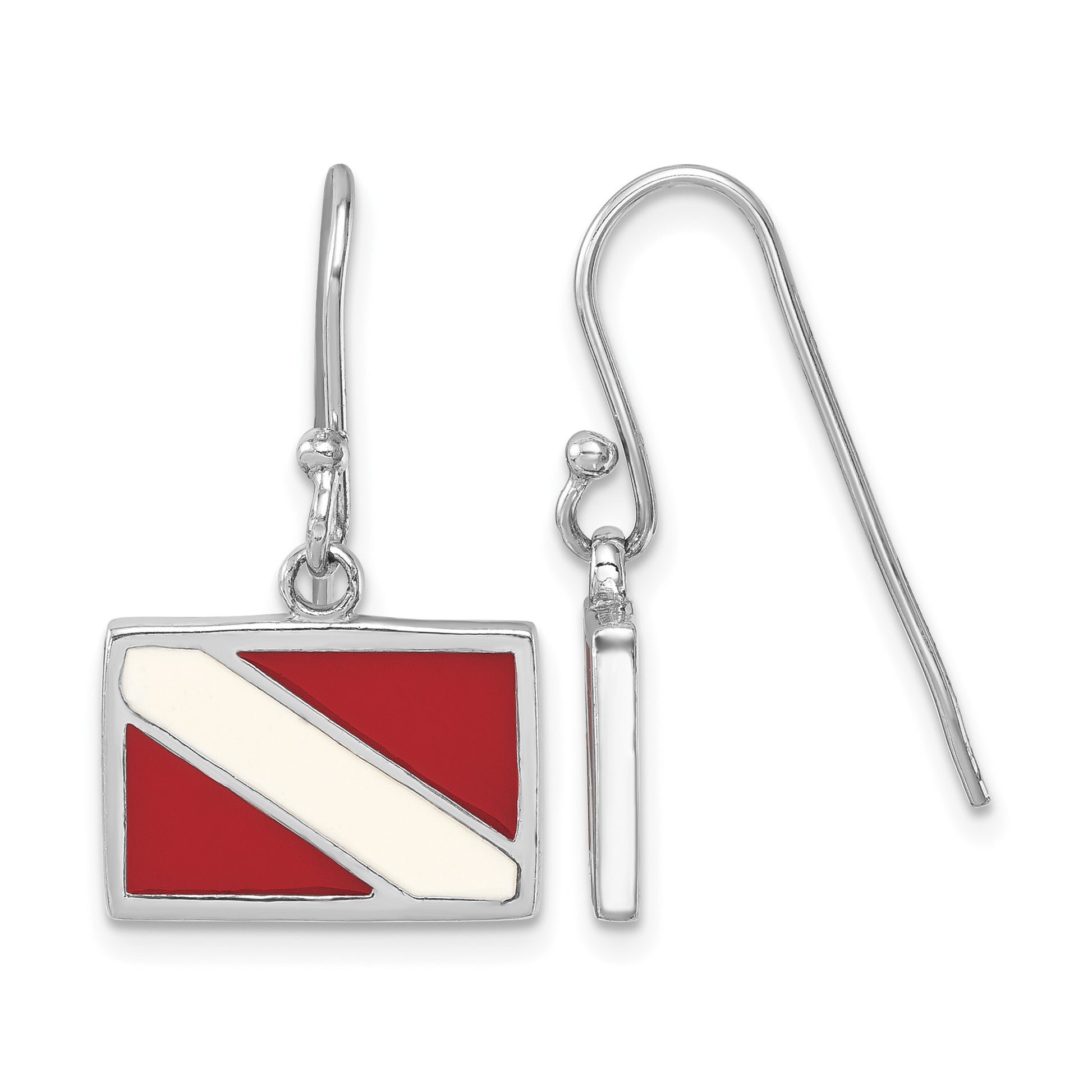 Sterling Silver Rhodium-plated Polished Enameled Dive Flag Dangle Earring