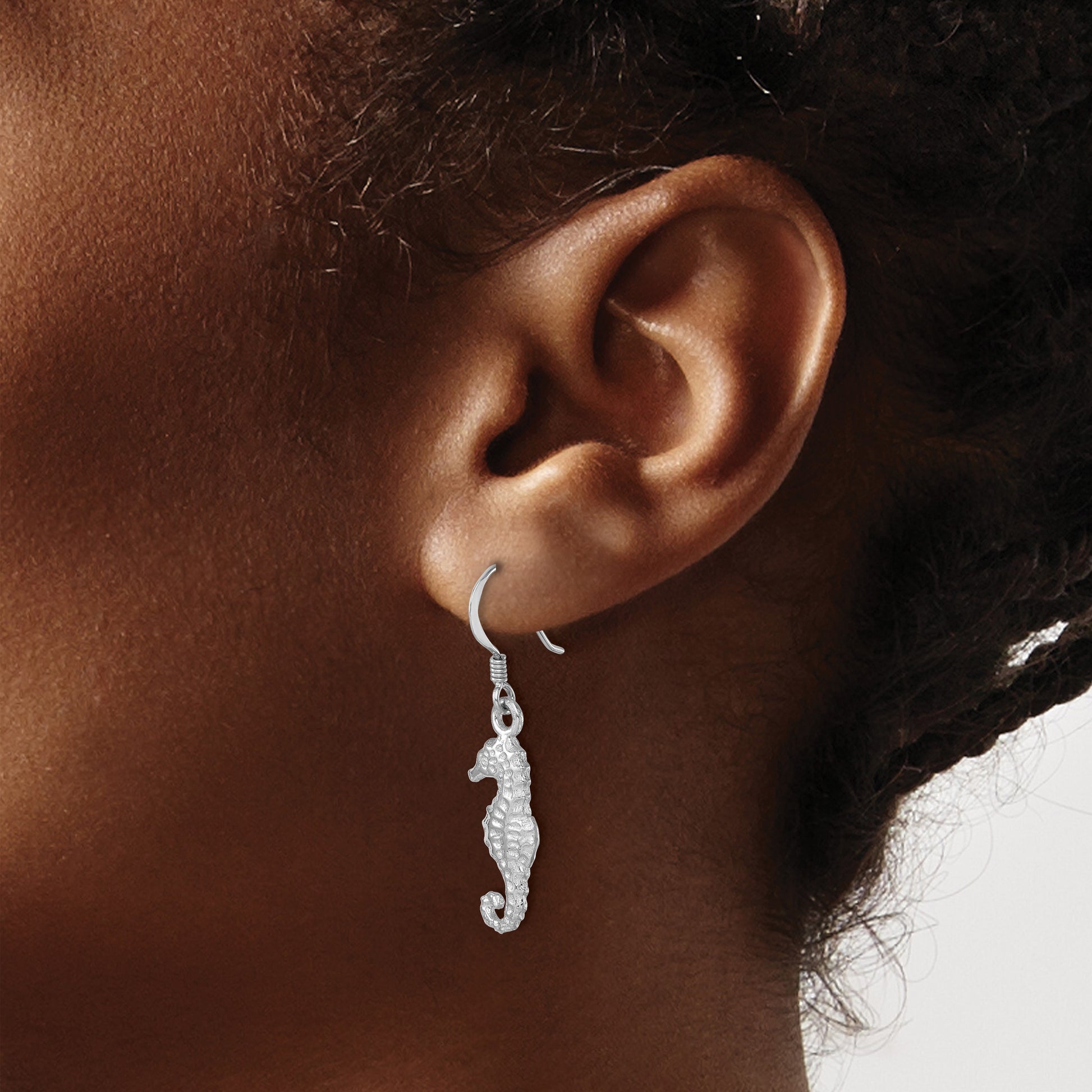 Sterling Silver Rhodium-plated Polished Seahorse Dangle Earring