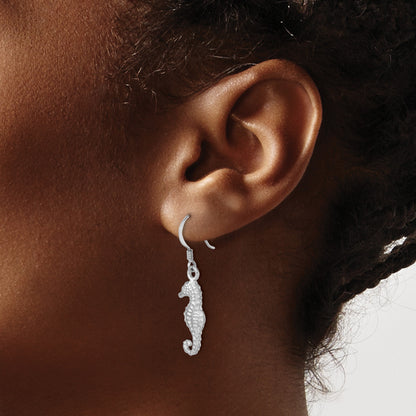 Sterling Silver Rhodium-plated Polished Seahorse Dangle Earring