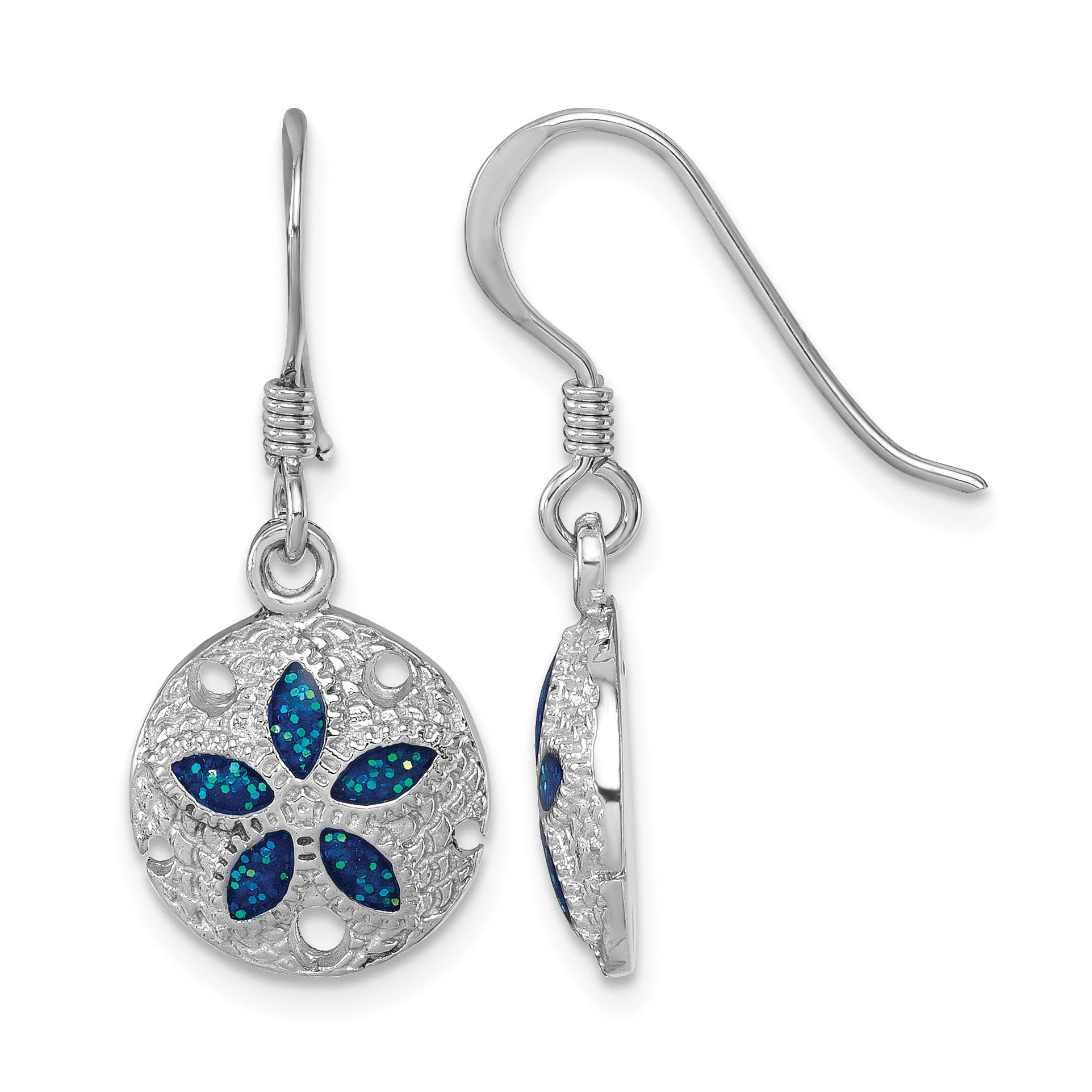 Sterling Silver Rhodium-plated Polished and Textured Enameled Sand Dollar Dangle Earring