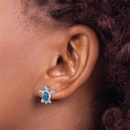 Sterling Silver Rhodium-plated Enameled Polished Turtle Post Earring
