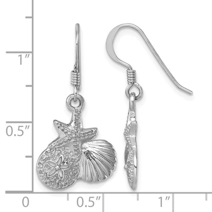 Sterling Silver Rhodium-plated Polished Starfish, Sand Dollar & Shell Dangle Earring